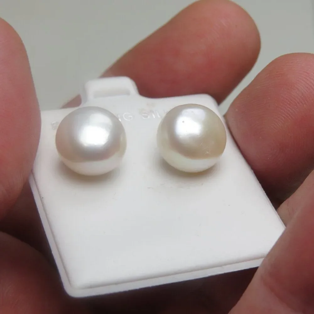 Sterling Silver Earring Freshwater 11mm  Pearl Hand Crafted studs